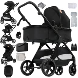 3 in 1 Lightweight Baby Stroller Travel System Slim Design Foldable Pushchair Infant Safety Car Seat Combo Portable Bassinet High Landscape Pram with Leather Handle Large Storage Basket Full Accessories Set for Newborns