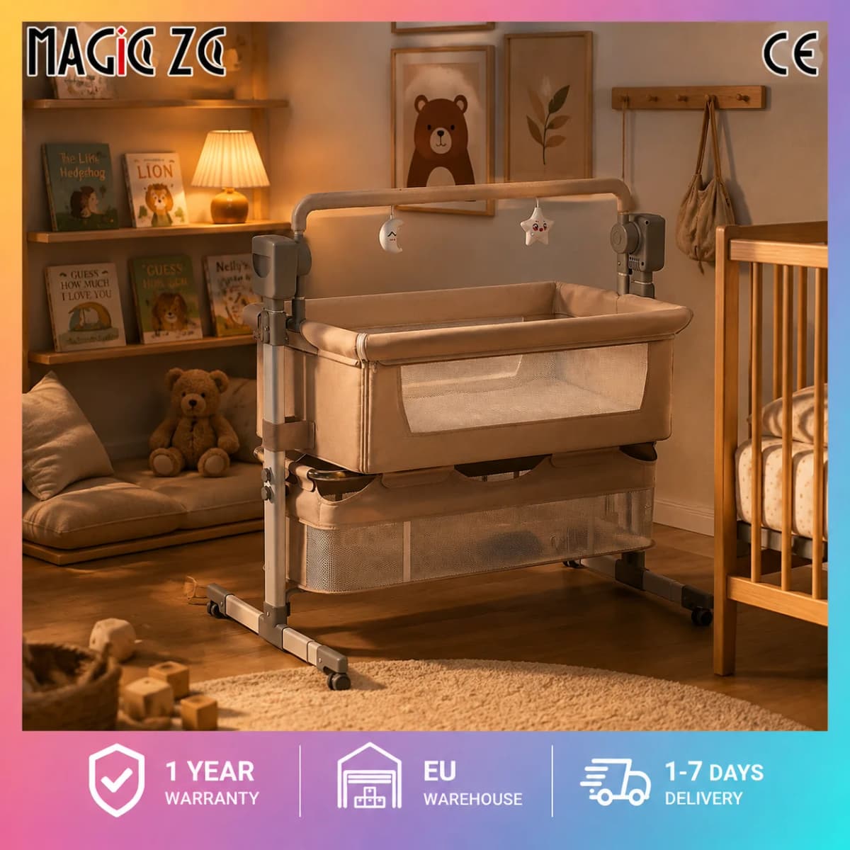 Electric Baby Bassinet Smart Swing Bedside Sleeper Intelligent Automatic Cradle Cot with Remote Control Music 5 Speed Swaying 3 Gear Timer Height Adjustable Aluminum Alloy Frame Storage Basket for Newborns