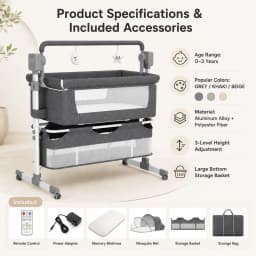 Electric Baby Swing Five Speed Gentle Rocking with Remote Control Music Timing Three Level Height Adjustment Baby Cradle Swing Bedside Bassinet for Newborn Infant Bedroom Nursery Night Care Storage Basket and Mosquito Net