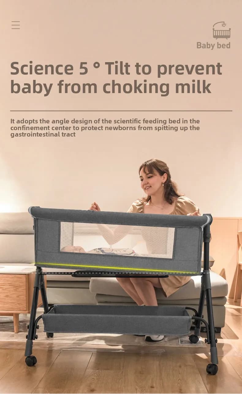 Baby Bedside Crib for Newborn 0-12 Months Adjustable Bassinet Infant Cot with Side Opening 3 Height Levels Foam Mattress Mosquito Net Storage Basket Changing Table 4 Lockable Swivel Wheels Manual Rocking Portable Iron Frame