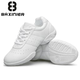 BAXINIER Youth Kids Cheerleading Shoes White Black Synthetic Leather Athletic Training Sneakers for Girls Boys Students Perforated Breathable Soft Cushioned Insole Non-Slip Rubber Sole Competition Shoes