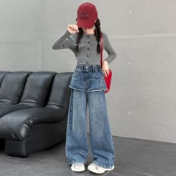 Girls Pants 2026 Spring and Autumn New Childrens Clothing Korean Style Girl Baby Cool Water Wash Fake Two Jeans Wide Leg Pants