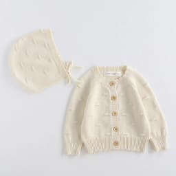 MiniAinis Autumn Winter New Baby Knitted Jacket With Hat Included Girls Knit Bubble Ball Sweater Girls Beige Red Coat Cap 2 PCS