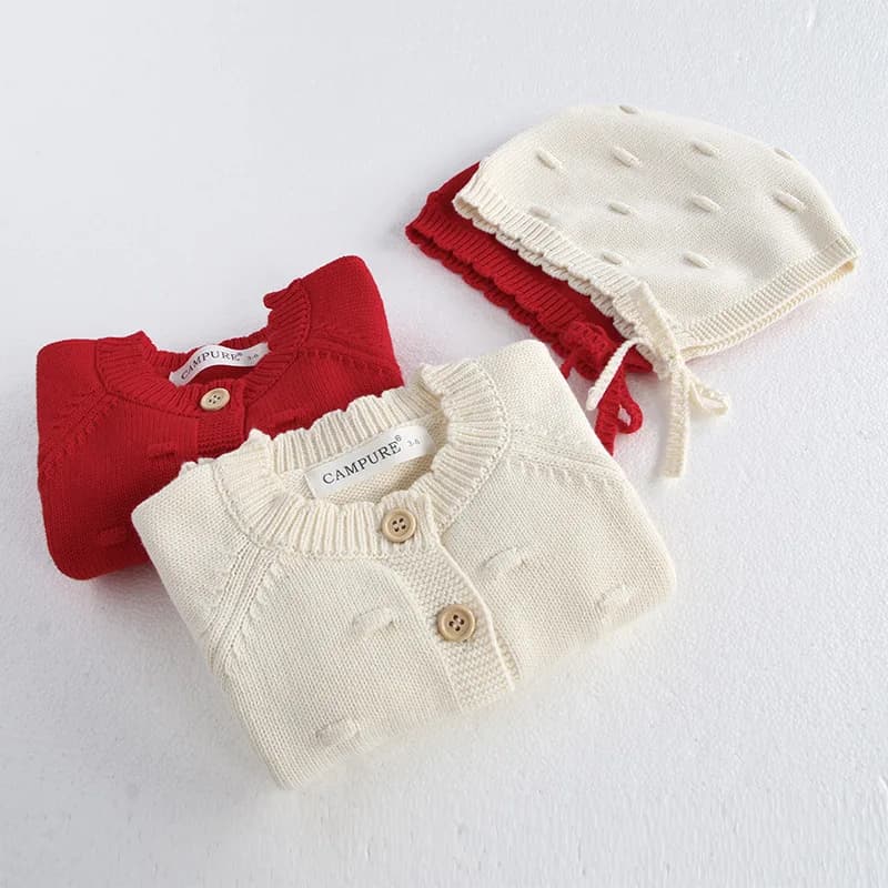 MiniAinis Autumn Winter New Baby Knitted Jacket With Hat Included Girls Knit Bubble Ball Sweater Girls Beige Red Coat Cap 2 PCS
