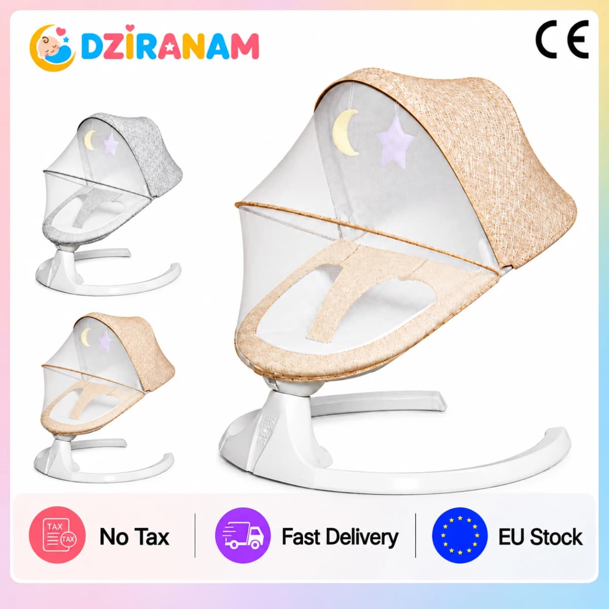 Electric Baby Swing 15KG Capacity Infant Rocker Baby Bouncer Chair with 5 Speed Automatic Sway Adjustable Recline Remote Control Bluetooth Music Timer Breathable Mosquito Net Safety Harness Stable Base Dual Power Portable Baby Swing