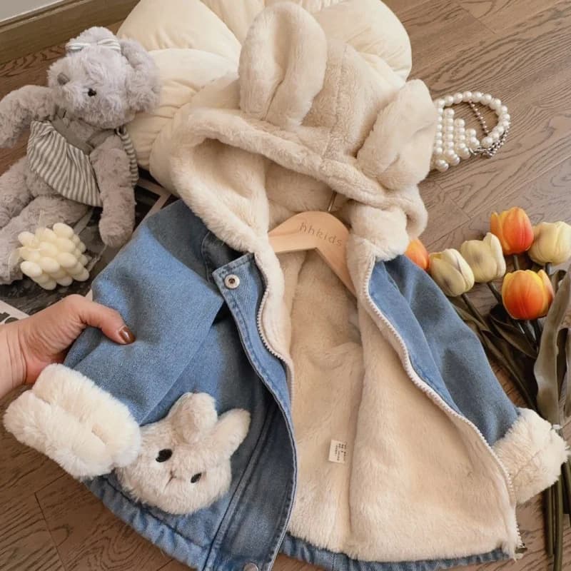 Girls Spring, Autumn and Winter New Denim Lamb Wool Velvet Padded Thickened Coat