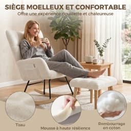 HOMCOM Fauteuil à Bascule avec Repose-Pieds, Rocking Chair en Tissu Bouclette, Assise Rembourrée, Dossier Large, Crème
