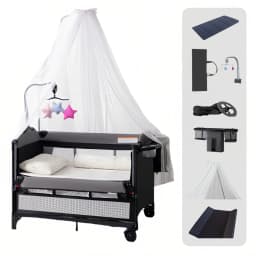 Portable Baby Crib Multifunctional Foldable Travel Cot Infant Co Sleeper Bed Splicing Bassinet Mobile Playpen with Diaper Changing Table Mosquito Net Storage Basket Wheels Installation Free Newborn Bed
