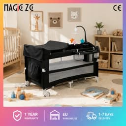 Portable Baby Crib Multifunctional Foldable Travel Cot Infant Co Sleeper Bed Splicing Bassinet Mobile Playpen with Diaper Changing Table Mosquito Net Storage Basket Wheels Installation Free Newborn Bed