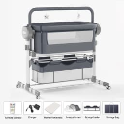 Bedside Crib for Newborns 0-12 Months with 6cm Adjustable Height Electric Rocking Bassinet 5 Swing Speeds 3 Timers Bluetooth Music Remote Control Breathable Mesh Cotton Mattress Mosquito Net Storage Basket 4 PU Quiet Wheels