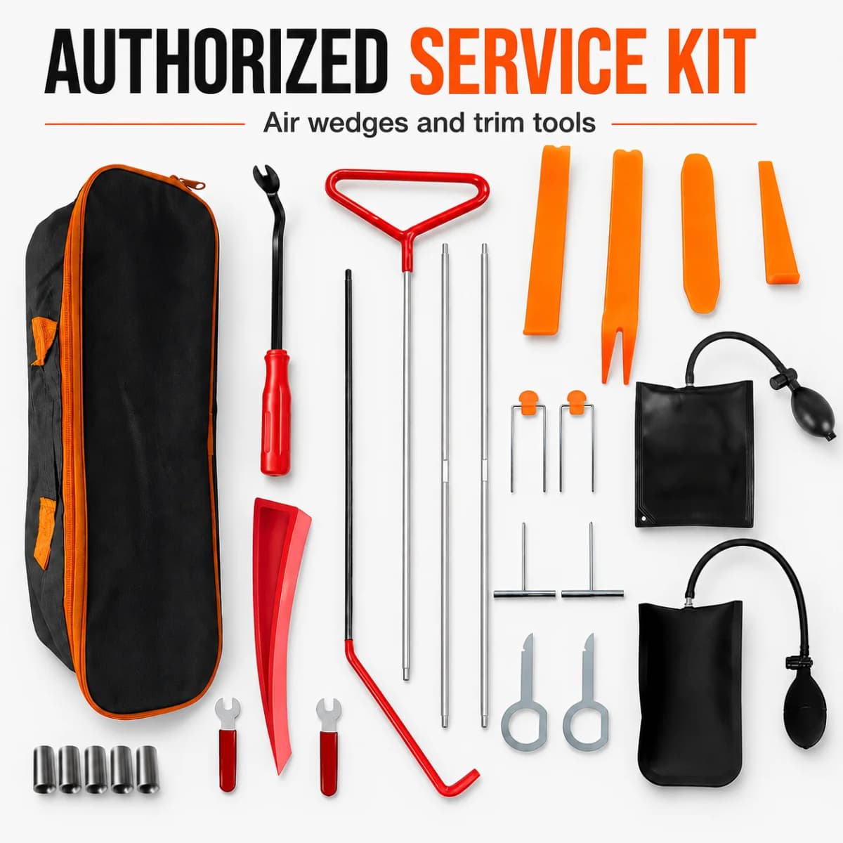 25-Piece Auto Service Tool Kit For Authorized Vehicle Service With Air Wedges, Long Reach Tools, Trim Removal Tools And Storage Bag For Garage Service And Roadside Assistance