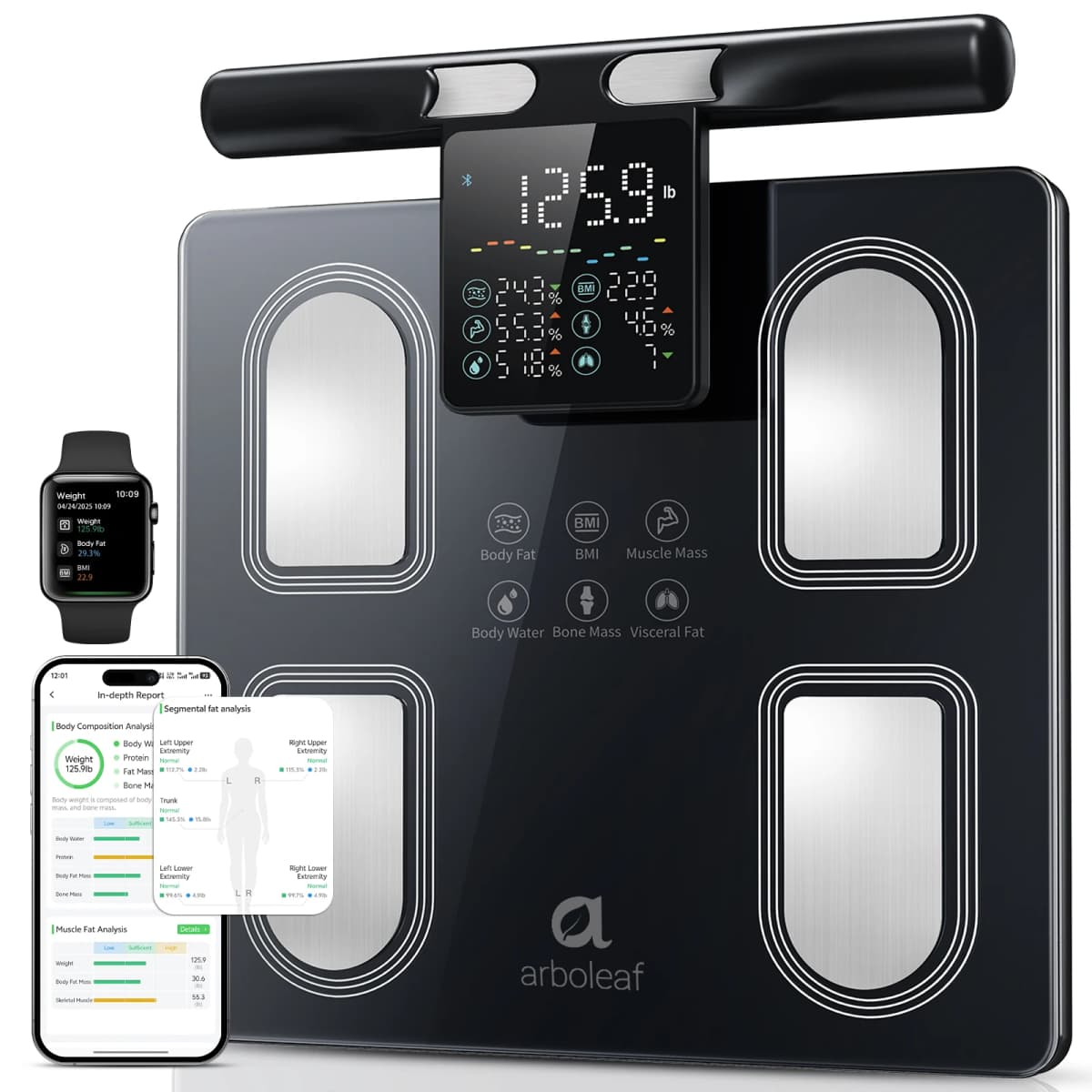 Arboleaf Smart Body Fat Scale 8-Electrode with Handle Screen Display, 50+ Body Metrics, 5.3' Color Screen, Digital Body Composition Scale, APP Sync, 400lb