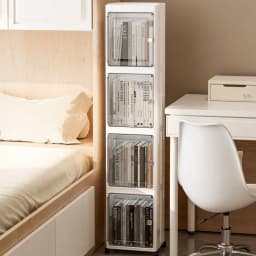 5‑Tier Slim Fold‑Up Storage Cabinet with Universal Rolling Wheels, Narrow Gap Transparent Door Plastic Organizer, Stackable Dust‑Proof Side Cabinet for Fridge Gap, Kitchen, Bathroom, Bedroom Snacks Toiletries Clothes Storage