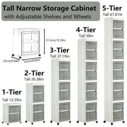 5‑Tier Slim Fold‑Up Storage Cabinet with Universal Rolling Wheels, Narrow Gap Transparent Door Plastic Organizer, Stackable Dust‑Proof Side Cabinet for Fridge Gap, Kitchen, Bathroom, Bedroom Snacks Toiletries Clothes Storage