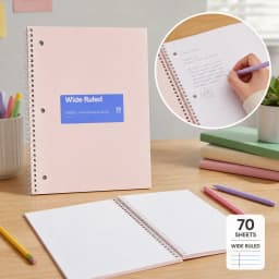 Wide Ruled Spiral Notebook 7.5"x10.5" Poly Cover 70 Sheets Pastel Pink