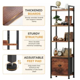 MCQ 5 Tiers Metal Classic Bookshelf with Fabric Drawer Freestanding Tall Display Shelf Storage Shelves Bookshelf Sturdy Structure Graduated Shelves for Home