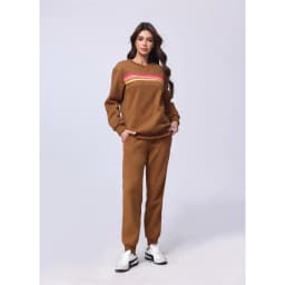 Women Warm Two Piece Retro Striped Tracksuit Set Cozy Oversized Round Neck Top And Sweatpants Joggers With Two Deep Side Pockets Relaxed Loose Fit For Fall Weekend Trips And Daily Casual Comfort Wear