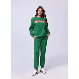Women Warm Two Piece Retro Striped Tracksuit Set Cozy Oversized Round Neck Top And Sweatpants Joggers With Two Deep Side Pockets Relaxed Loose Fit For Fall Weekend Trips And Daily Casual Comfort Wear