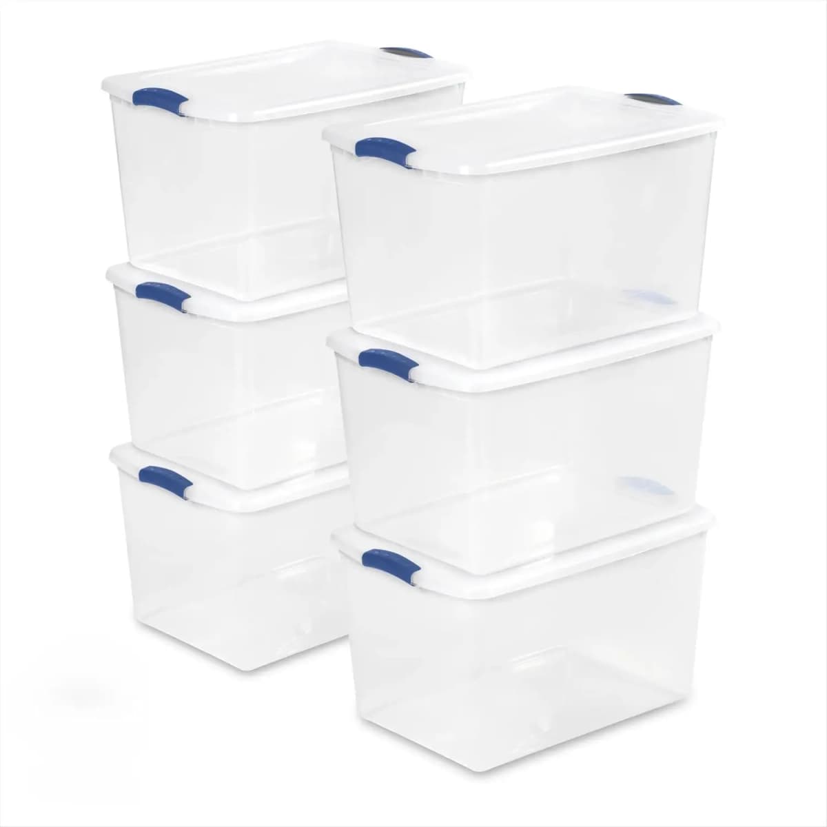 66 Qt Storage Bins 6-Pack, Clear Plastic Containers with Latching Lids | Clear Base & Lid, Secure Blue Latches, Recessed Stacking, 66Qt Capacity, BPA-Free Plastic