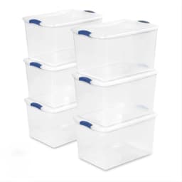 66 Qt Storage Bins 6-Pack, Clear Plastic Containers with Latching Lids | Clear Base & Lid, Secure Blue Latches, Recessed Stacking, 66Qt Capacity, BPA-Free Plastic