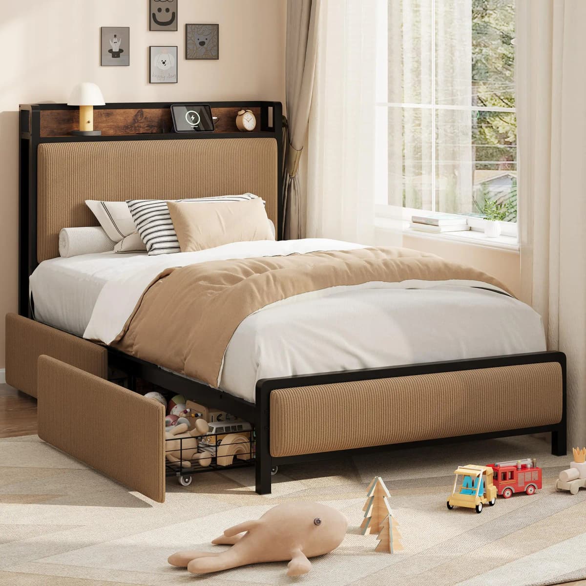 Metal Platform Bed Frame with 2 Storage Drawers & Charging Station Upholstered Headboard No Box Spring Needed Twin Pink/Green/Brown Twin XL Size Mid Century Modern Acacia Solid Wood Platform Bed Frame Wooden Slats No Box Spring Double Metal Bar Support