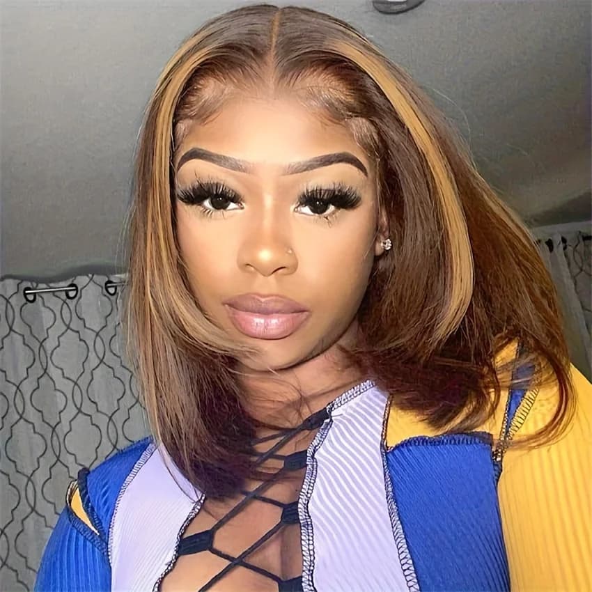 TIMOPOL 180% Density Straight Short Bob Human Hair Wig, Women’s 13x4 HD Transparent Lace Frontal, Trendy P4/27 Highlight Shade, Pre‑Plucked Hairline