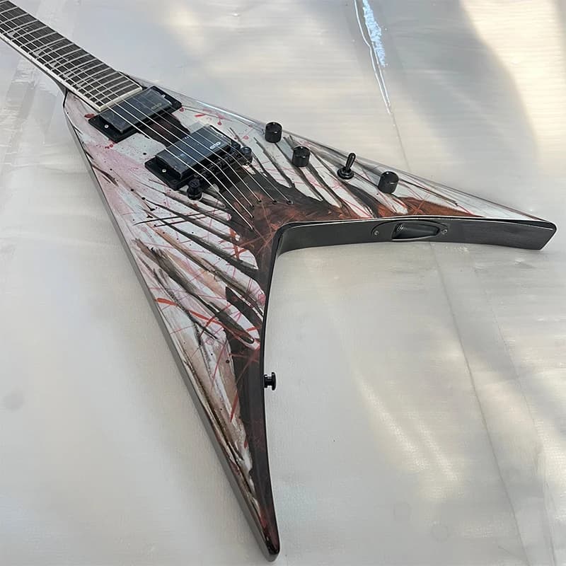 Factory Custom V-Shaped Electric Guitar with Splatter Finish, 24-Fret Dual Pickups, Metal Rock Performance Exotic Electric Guitar