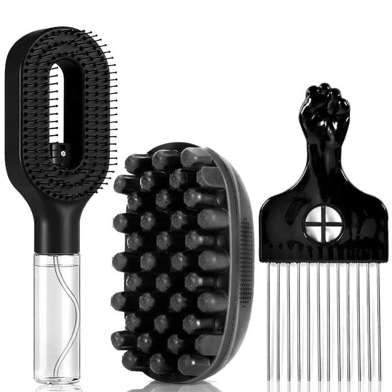3Pcs Multi‑function Hair Styling Comb Kit Spray Detangler Brush Scalp Massage Cushion Brush Afro Hair Pick for Men Women