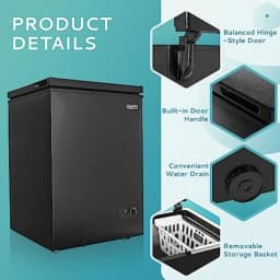 Chest Freezer with Wheels for Home Use, Black Steel, Smooth Top Door Design, Easy Mobility and Space-Saving Storage