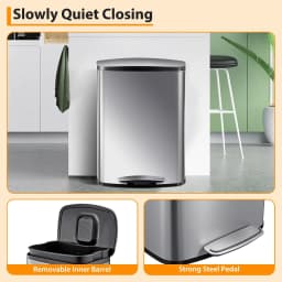 13.2 Gallon Stainless Steel Trash Can,50L Kitchen Garbage Can with Soft-Close Lid & Removable Inner Bucket,Hands-Free Rubbish Bins for Bathroom,Living Room,Office