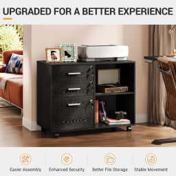 3-Drawer File Cabinet with Lock, Mobile Wood Filing Cabinet, Black Rolling Printer Stand, Office Cabinet, Open Storage Shelves, Letter & A4 Compatible, Home Office, Under Desk Storage