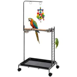 Bird Stand Parrot Stand with Wheels Wooden Perch Ladder Dark Gray for Indoor Avian Use