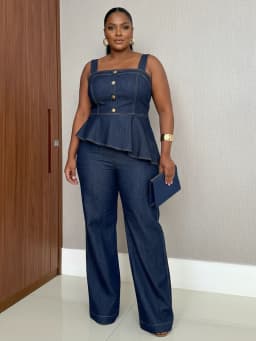 Women Plus Size Square Neck Peplum Top And Wide Leg Pants Set Sleeveless Button Decor Outfit For Daily Casual Occasion