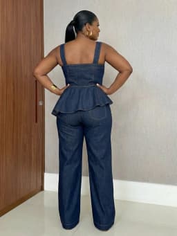 Women Plus Size Square Neck Peplum Top And Wide Leg Pants Set Sleeveless Button Decor Outfit For Daily Casual Occasion