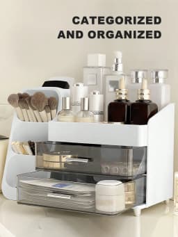 Makeup Organizer with Brush Holder and Drawers, Countertop Cosmetic Storage Organizer for Vanity, Skincare Lipstick Eyeshadow Nail Polish Perfume Storage, Desktop Storage Box for Bedroom & Bathroom, Ideal Mother’s Day & Valentine’s Day Gift