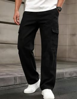 Men'S Black Multi-Pocket Cargo Pants Made from Non-Stretch Fabric, Loose-Fitting Casual Jeans, Suitable for Daily Outdoor Work in All Seasons, Machine Washable