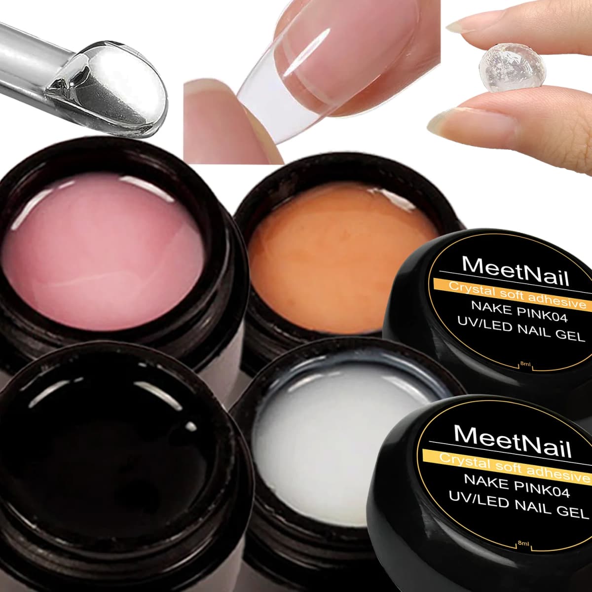 Solid Nail Glue Gel for False Tips, 4PCS 8ml Strong Adhesion for Press on Acrylic Tips, Clear Hard Gel 3D Sculpting