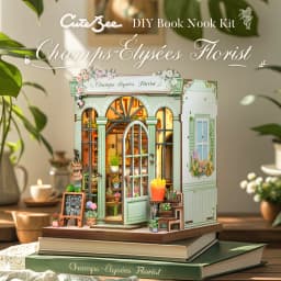 Original CUTEBEE 199pcs Champs-Élysées Florist Book Nook Kit DIY Miniature House Dollhouse Kit Book Nook Para Montar for Adults Booknook Tiny Flower House Bookshelf Decor 3D Wooden Puzzle DIY Craft Gifts for Family Friends for Books Fans Gifts