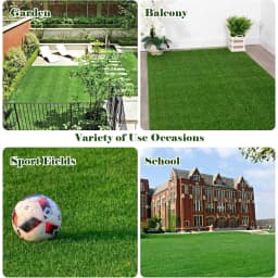 19.68 X 39.37 artificial turf mat with a total area of 60 square feet and a grass height of 0.6 feet. Rubber-backed, hard-wearing, croppable, pet-friendly, suitable for patios, balconies, and dogs