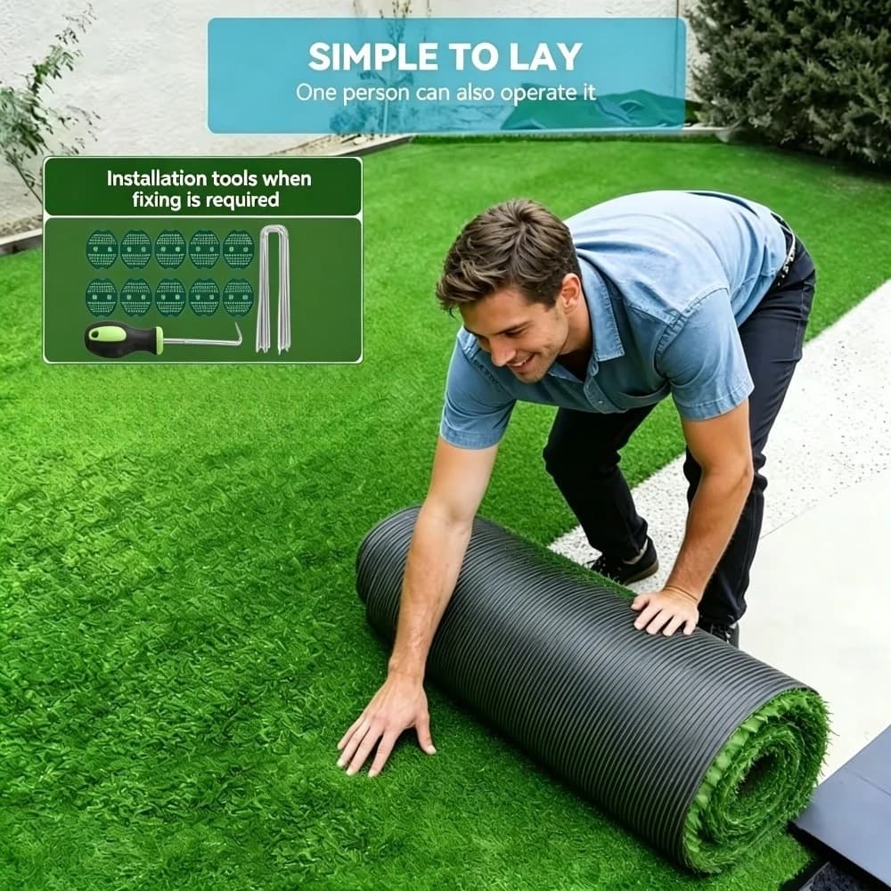 19.68 X 39.37 artificial turf mat with a total area of 60 square feet and a grass height of 0.6 feet. Rubber-backed, hard-wearing, croppable, pet-friendly, suitable for patios, balconies, and dogs