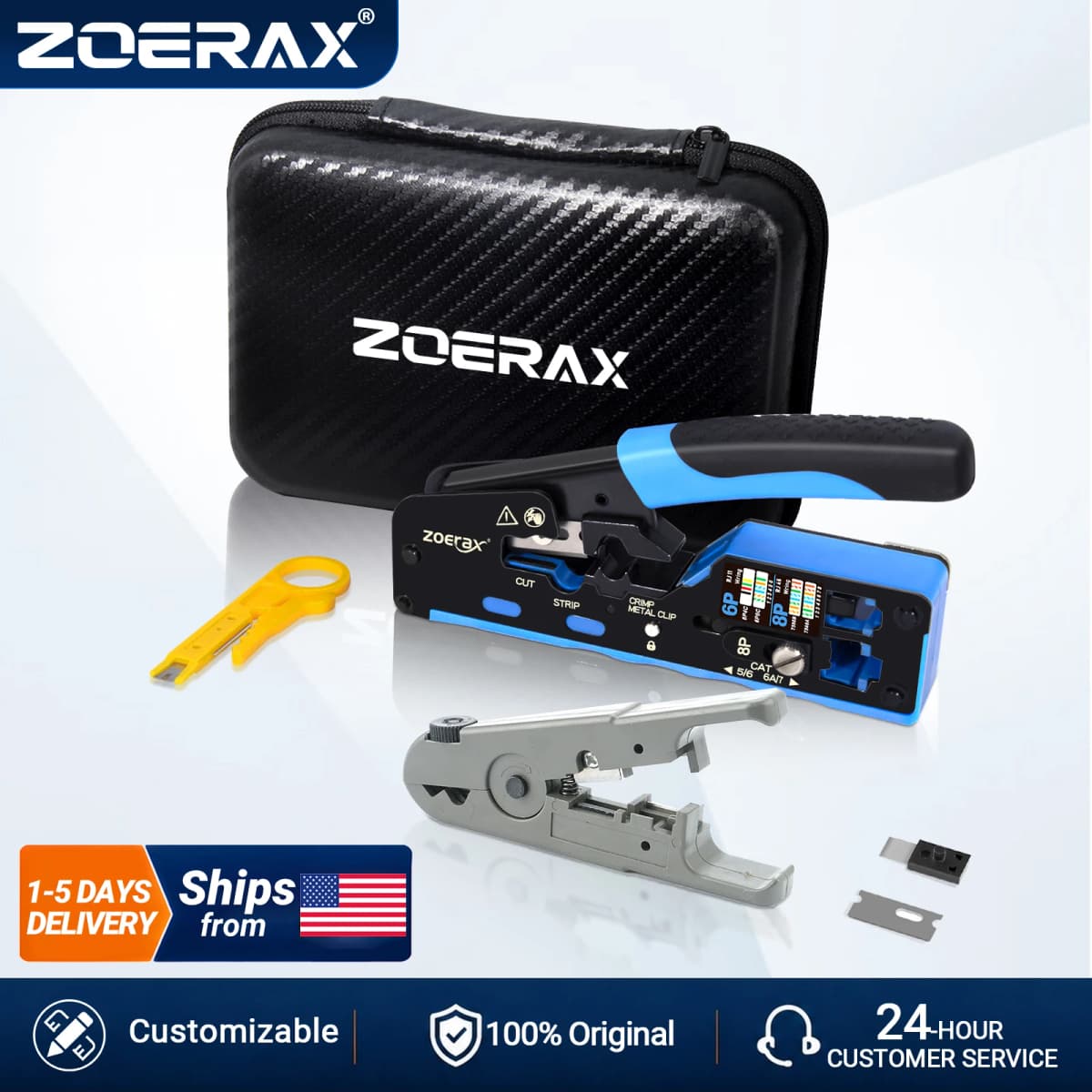 ZoeRax RJ45 CAT7 CAT6A Crimping Tool RJ45 Network Tool Kit for CAT6A CAT7 CAT5 CAT6 Connectors with Crimp Tool,Wire Stripper and Blades