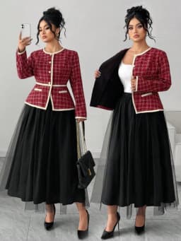 Plus Size Round Neck Long Sleeve Jacket + Midi Skirt Suit For Women Daily Office Formal Event Matching Outfit