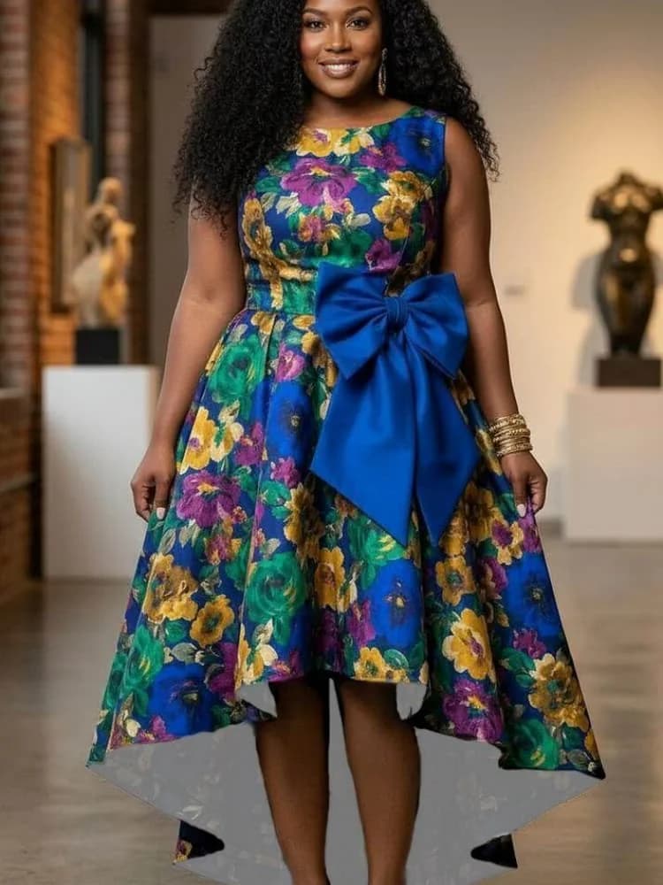 Plus Size Round Neck Sleeveless Waist Bow Decor Asymmetrical Midi Dress For Women Ceremony Party Irregular Hem Swing Long Dress