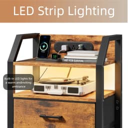 FRODROVIA Nightstand with Charging Station and LED Light, Side Table with 2Fabric Drawers & Open Storage Shelves, Adjustable Leveling Feet,End Table with USB Ports & Outlet for Living Room