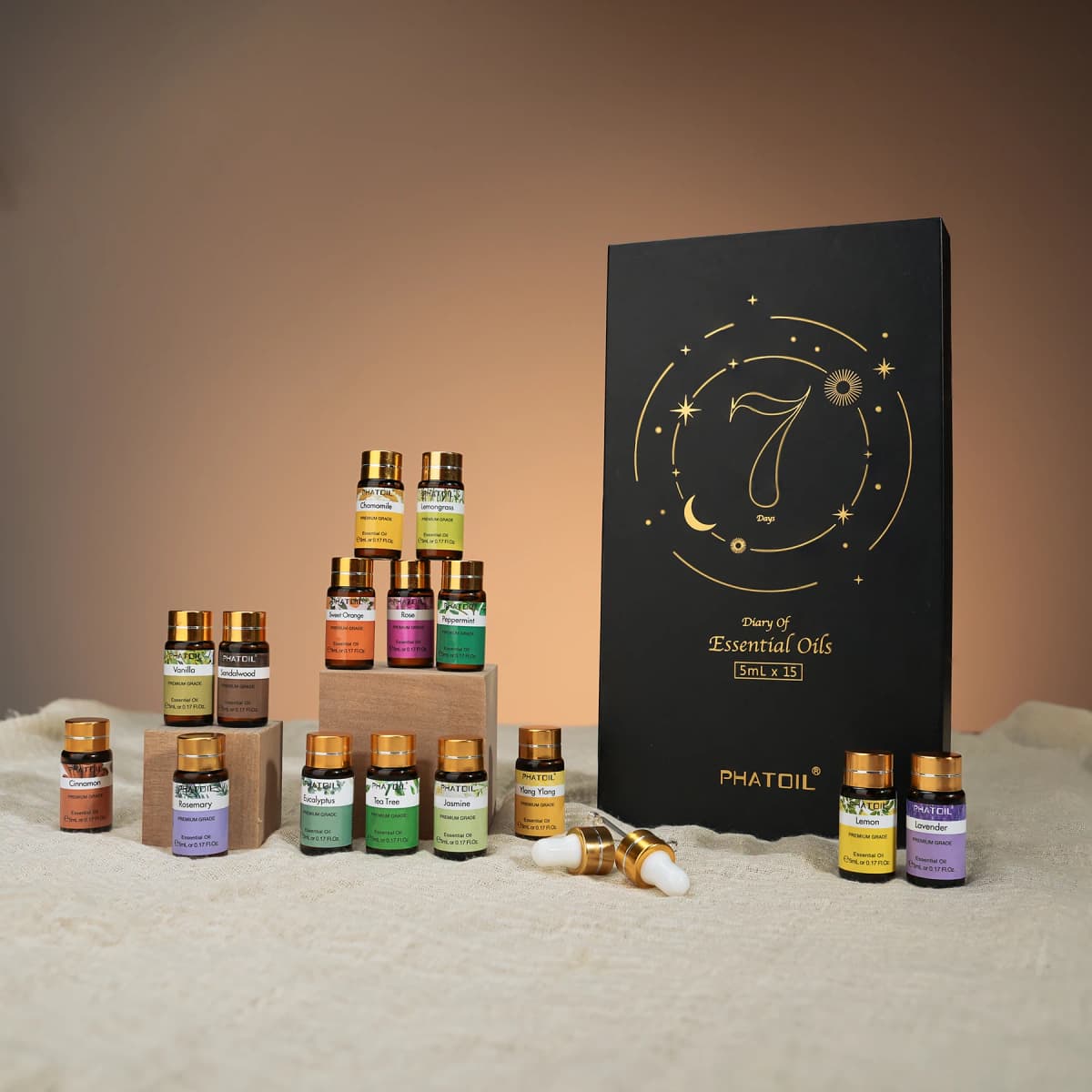 PHATOIL 15pcs x 5ml Essential Oil Gift Set For Aromatherapy Diffuser Lavender Peppermint Eucalyptus Lemon Cinnamon Vanilla Rose Aroma Essential Oils For Soap & Candle Making