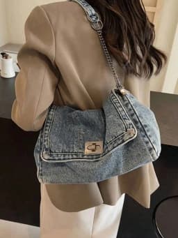 Fashion Classic Joker Solid Color Retro Wash Jeans Material Shoulder Bag with Metal Chain Quilted Embroidery Thread Large-Capacity for Shopping And Outings