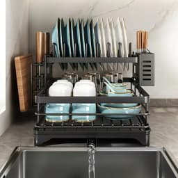 2-Tier Black Retractable Dish Rack, Suitable For Kitchen Countertops; Large Dish Rack Features A Pot Rack, Cup Rack, And Bowl Rack; Ideal For Use On Kitchen Countertops And Over Sinks; High-Capacity Storage Rack With Drain Tray