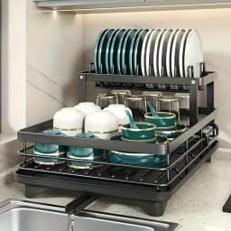 2-Tier Black Retractable Dish Rack, Suitable For Kitchen Countertops; Large Dish Rack Features A Pot Rack, Cup Rack, And Bowl Rack; Ideal For Use On Kitchen Countertops And Over Sinks; High-Capacity Storage Rack With Drain Tray