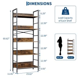 5 Tier Tall Bookshelf With Metal Frame and Wood Shelves, Industrial Bookcase Open Display Storage Rack For Living Room Bedroom Office