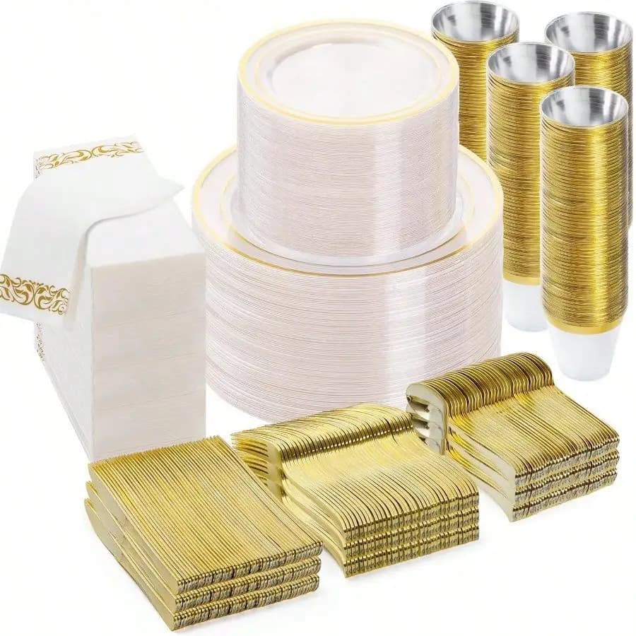 Free Shipping 700 PCS Clear Gold Plastic Plates And Silverware Set Disposable | Gold Plastic Silverware For 100, Include: 200 Plastic Plates, 100 Gold Silverware, 100 Cups, 100 Napkins For Party, Wedding